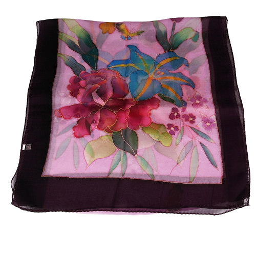 Schal aus Seide, Seidenschal, handbemalt, mehrfarbig,lila,türkis, 4754